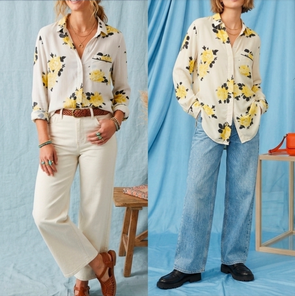 Ganni Button Up Blouse Shirt Size 38 Medium Silvery Crepe Yellow Floral Print